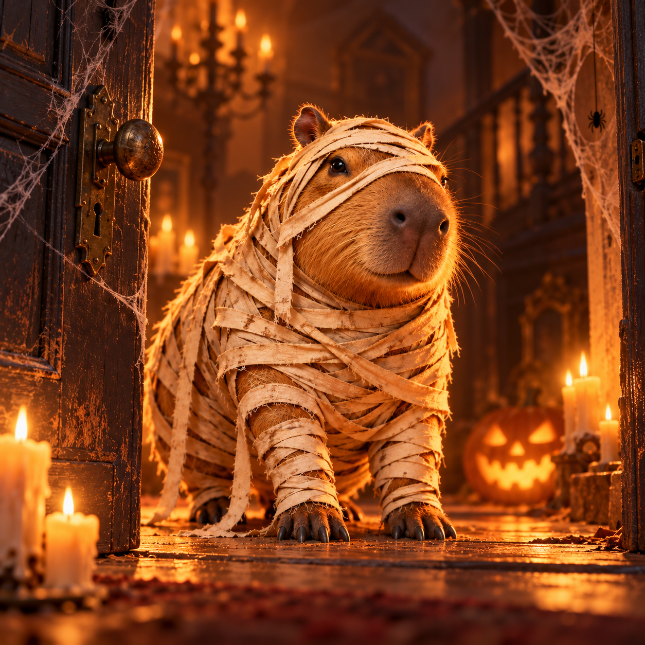MummyBara appears in the doorway of an old house lit by candles and draped in cobwebs