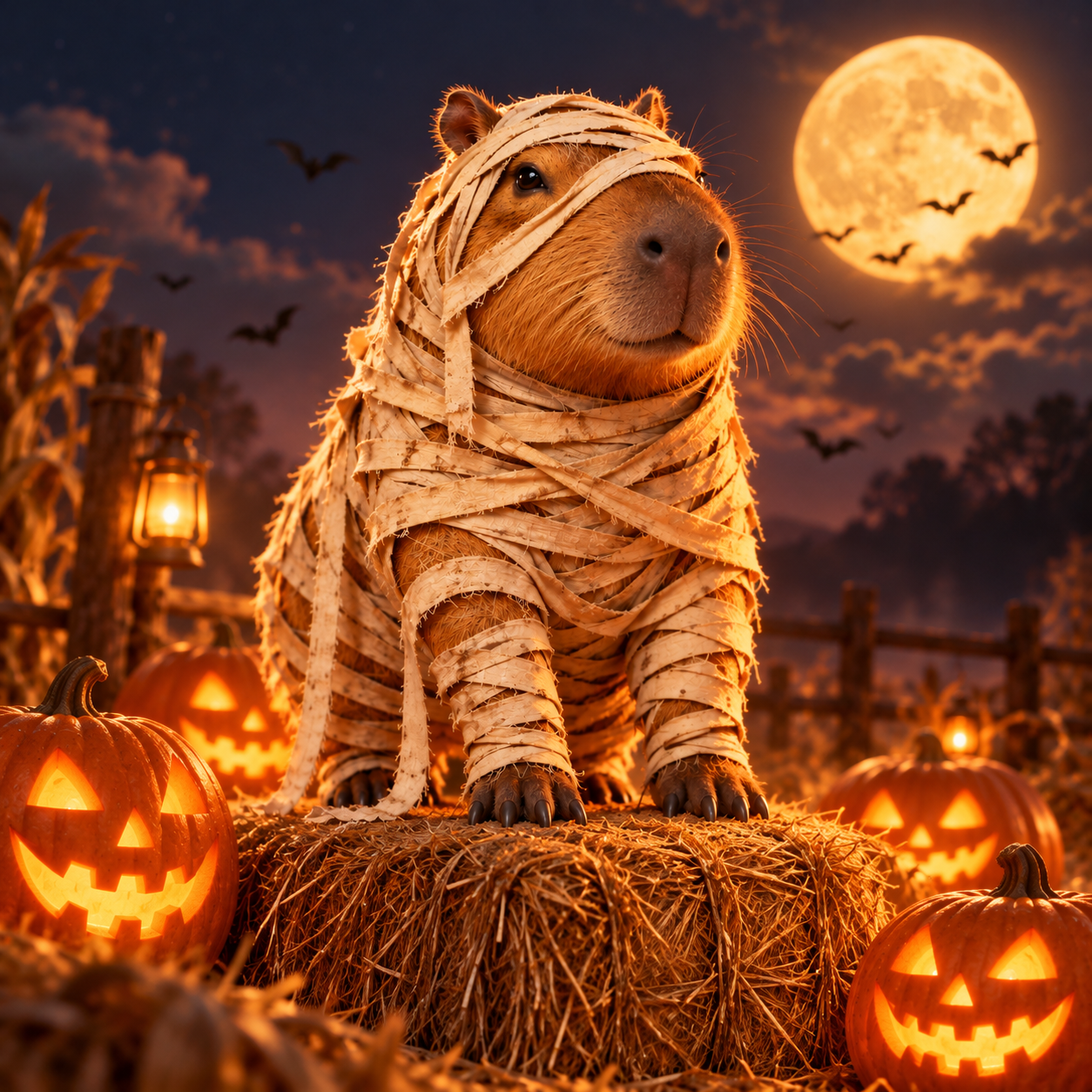 MummyBara stands on a hay bale among pumpkins as bats circle overhead