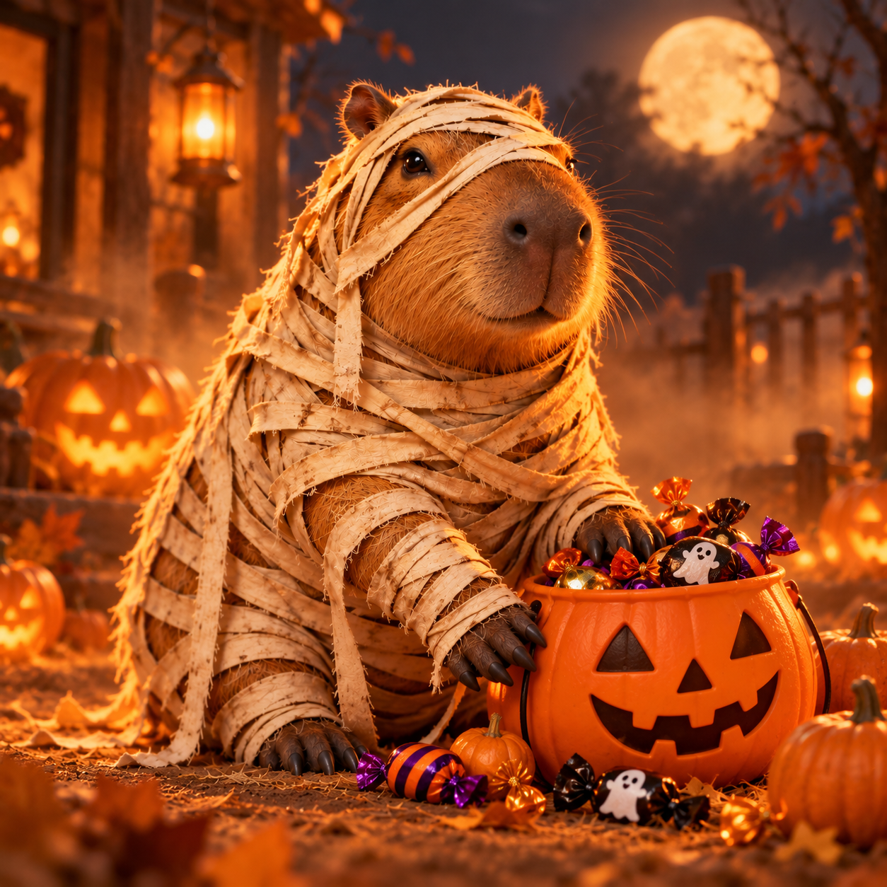 MummyBara holds a pumpkin bucket full of candy on a Halloween street